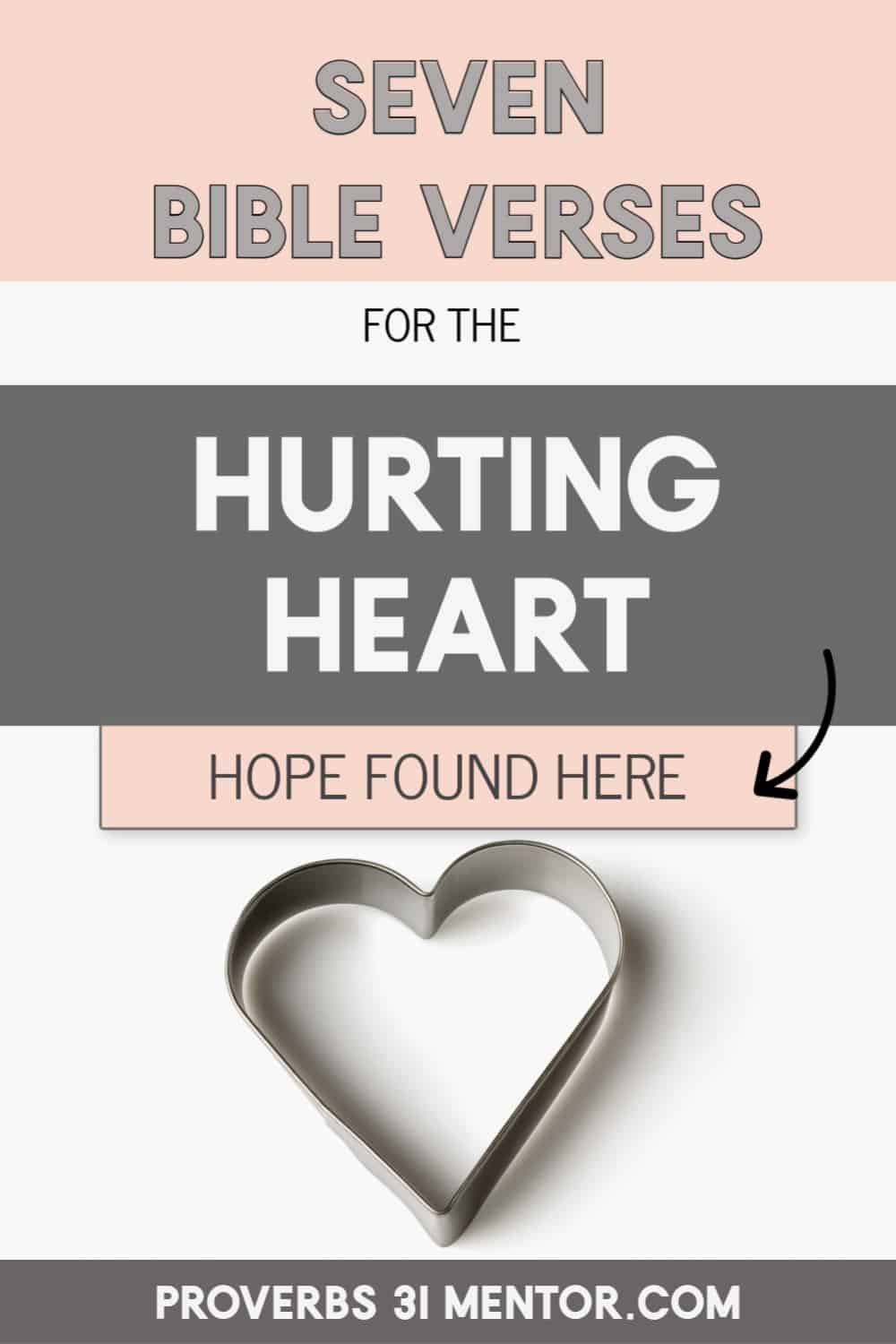 Title- 7 Bible verses for the hurting heart Picture- a metal heart on a white background
