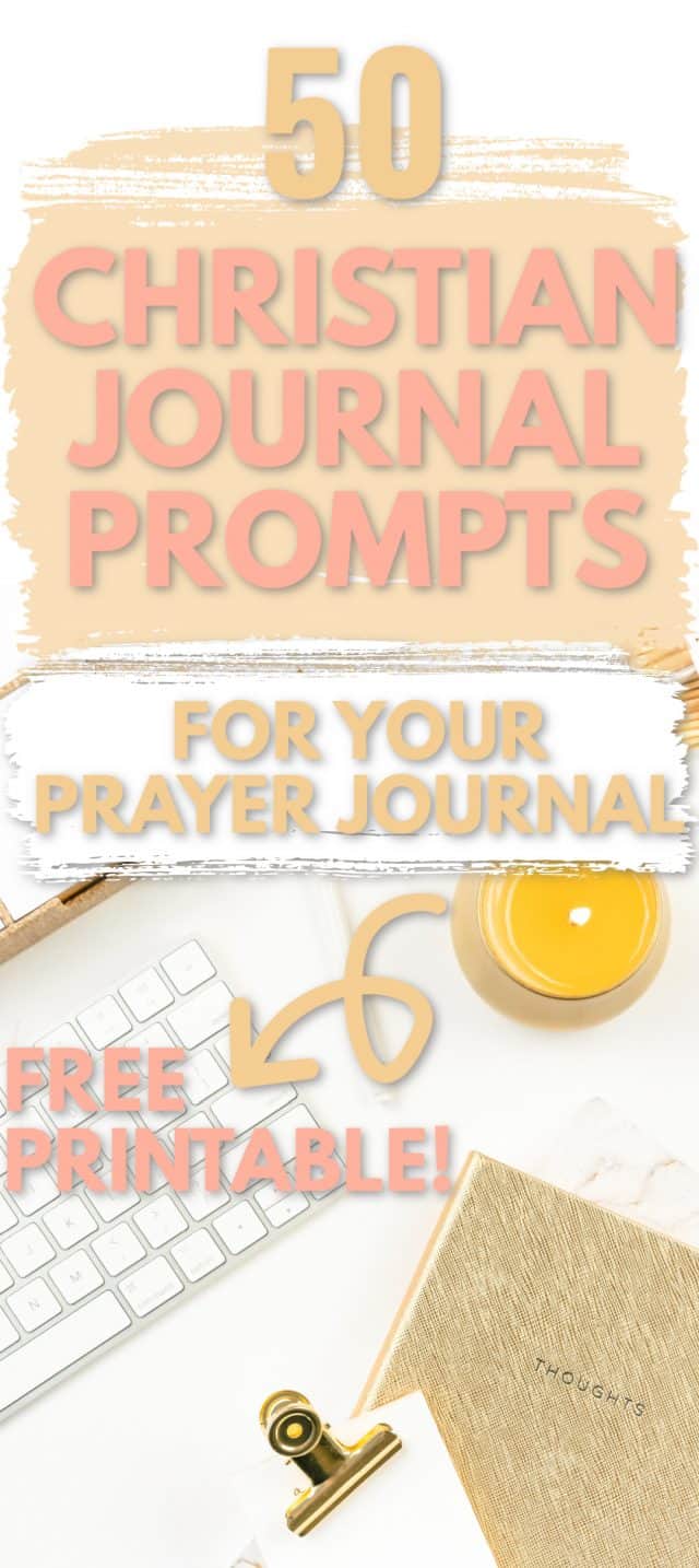 Title- 50 Christian Journal Prompts for Your Prayer Journal picture- keyboard, journal, and candle