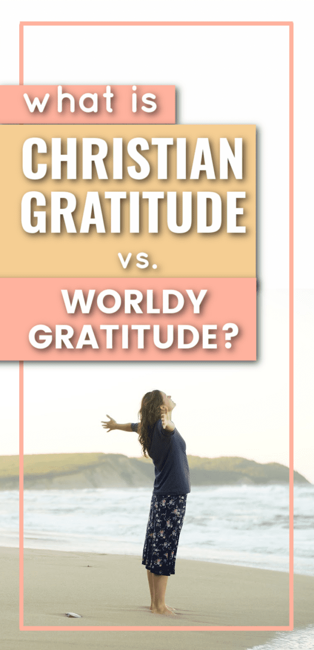 Title[ What is Christian gratitude vs. worldly gratitude picture- woman praising God on the beach
