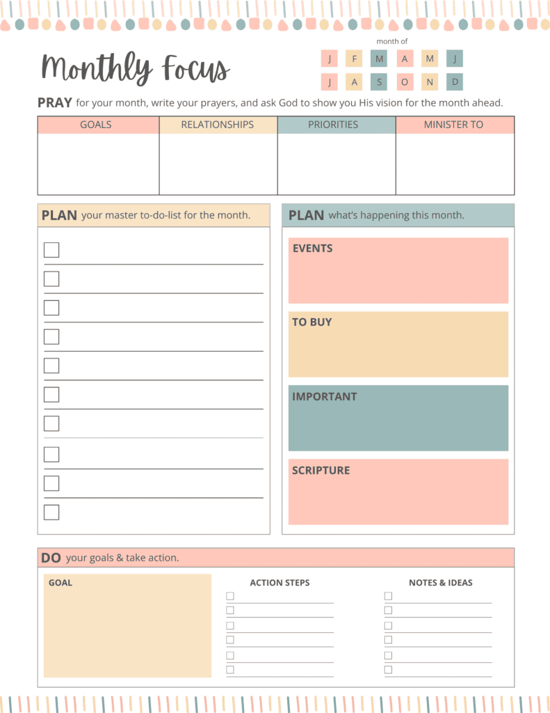 Free monthly focus planning page from the Abundant Life Planner