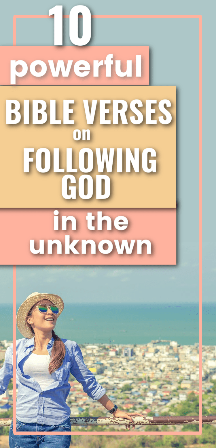 Title- 10 Powerful Bible Verses on Following God in the Unknown Picture- Woman looking at the sky by the ocean