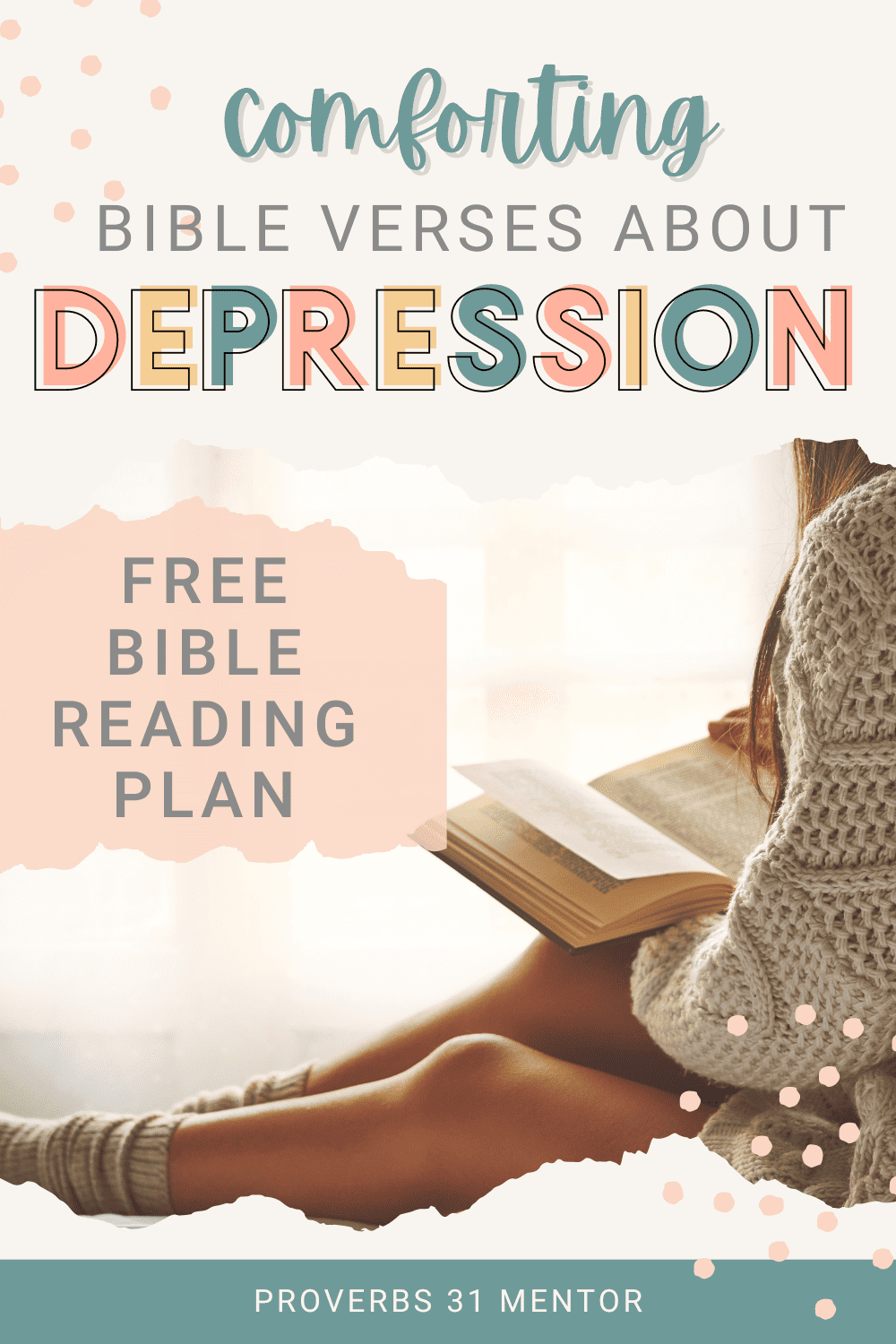 Title- Comforting Bible verses about depression Picture- woman reading in bed