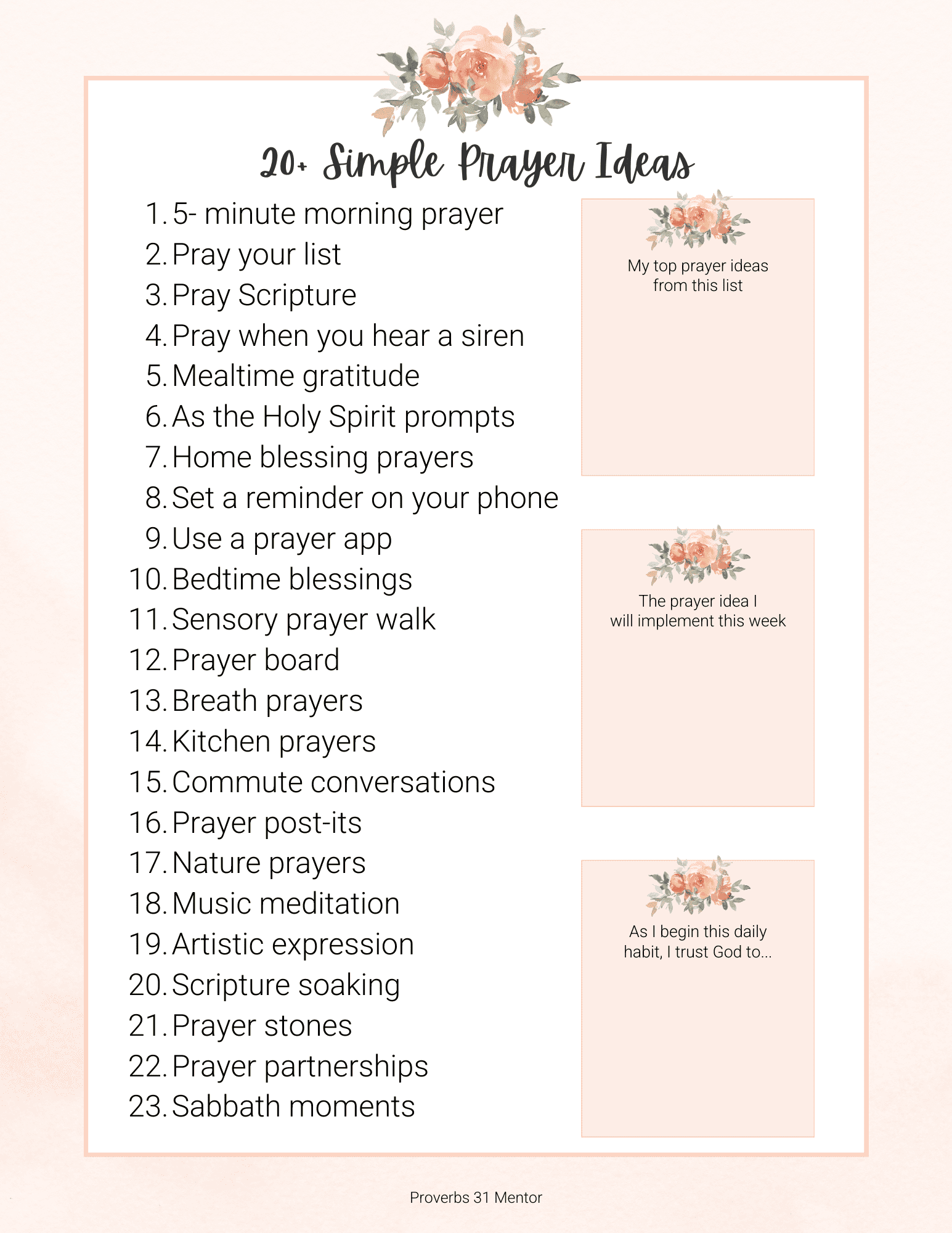 Printable list of Simple Prayer Ideas 