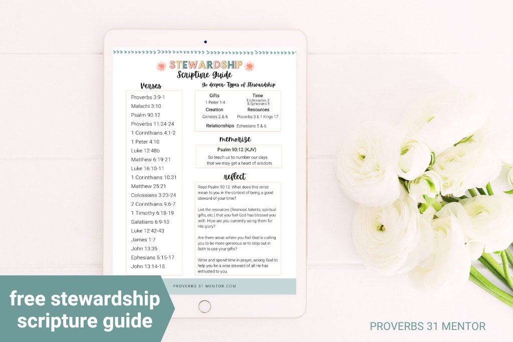 Title- Good Steward: Stewardship Scripture Guide, Picture of Stewardship Scripture Guide Mockup on iPad with white flowers next to it