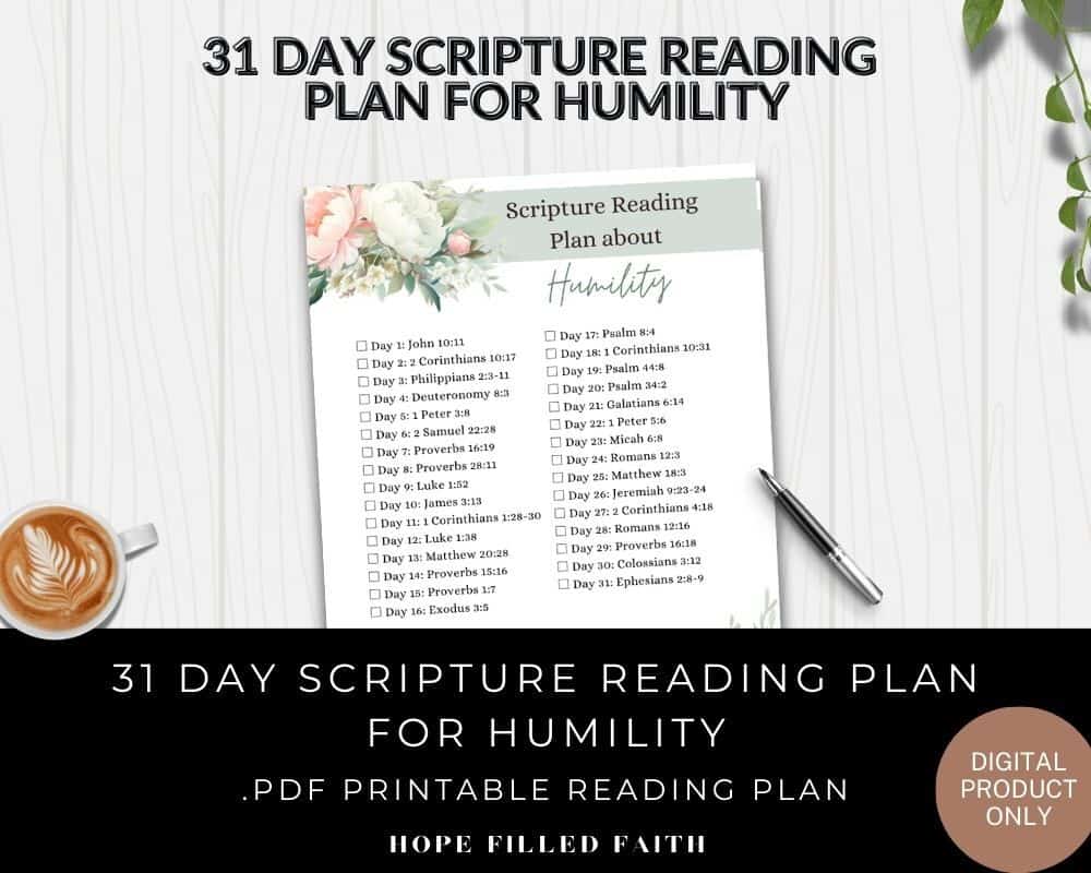 Title- Scripture Reading Plan for Humility Picture- the Bible verses on humility mockup on a desk with a plant and pen