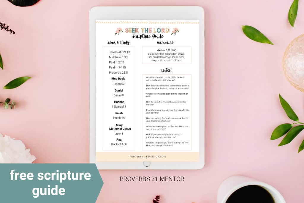 Title- Seek the Lord Bible reading plan mockup Picture- IPad mockup of the free Bible reading plan on a pink styled desk