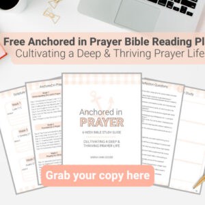 Anchored in Prayer Bible Reading Plan mockup on desk with a pink notebook and tea kettle